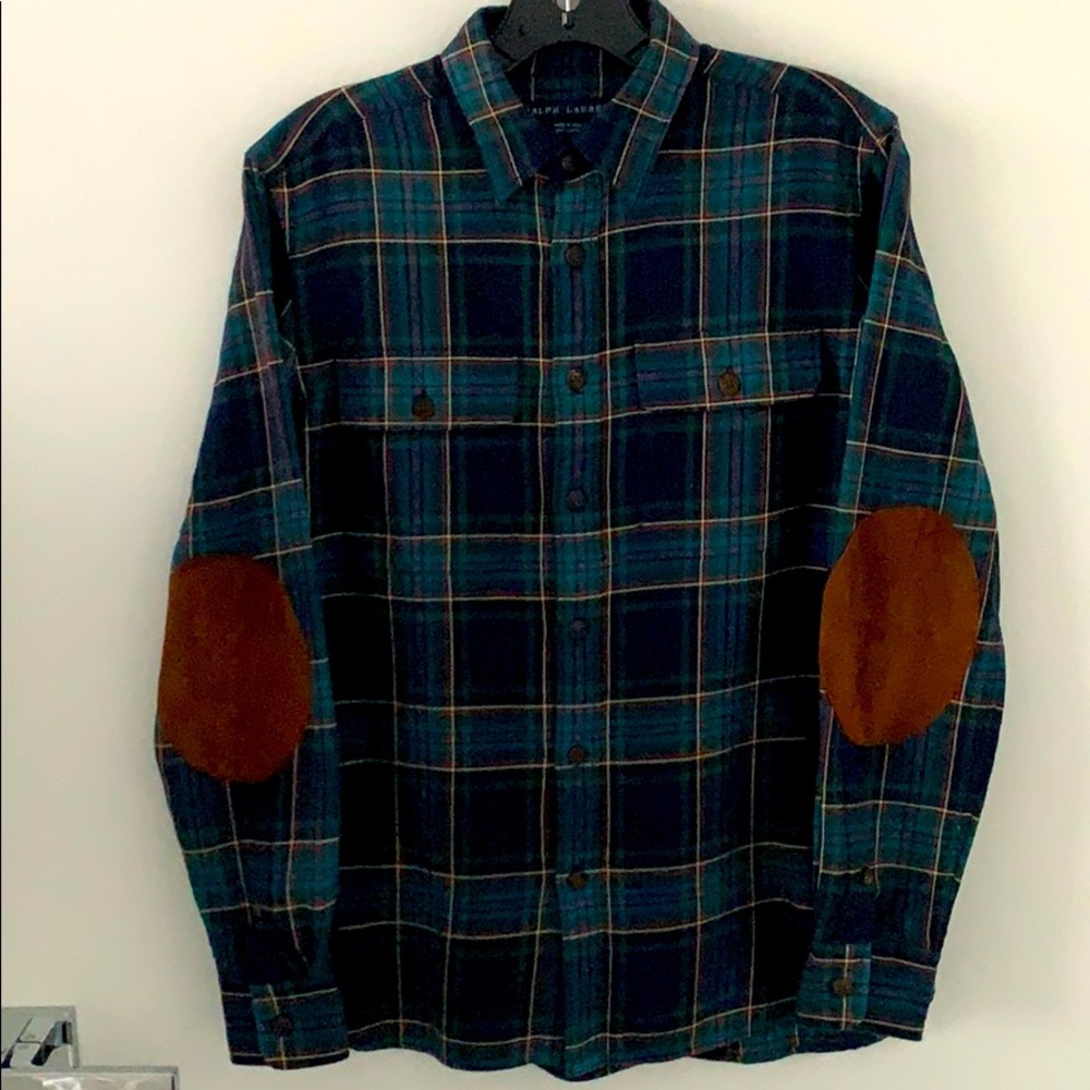 Ralph Lauren Plaid Flannel Button Up Shirt with Suede Elbow Patches